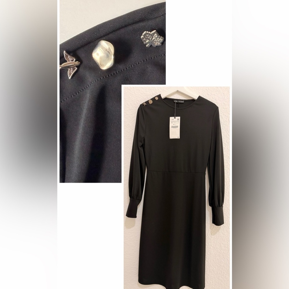Zara Classic Black Long Sleeve Midi Dress Whimsical Hummingbird Button Detail